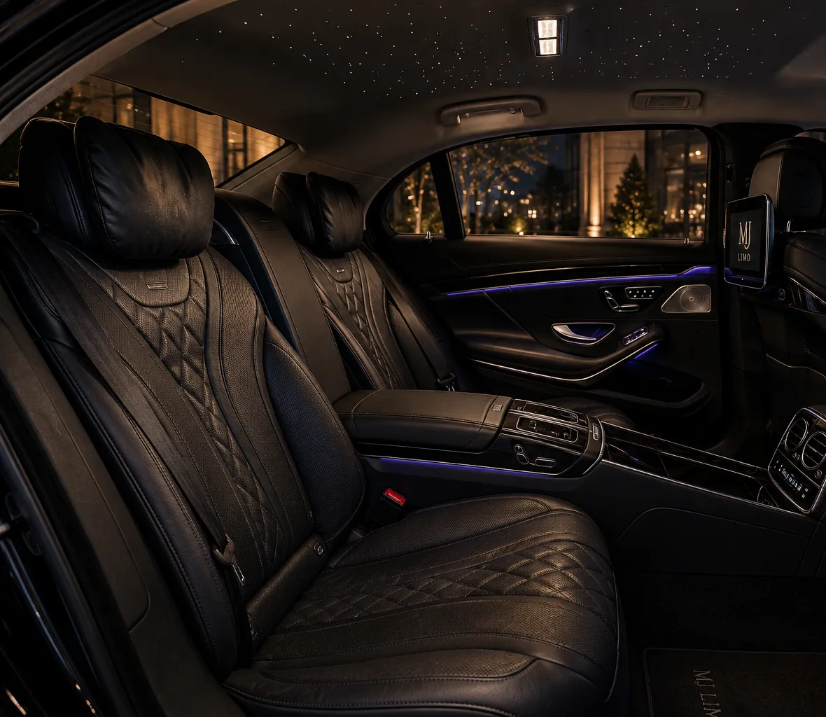 Quilted leather rear cabin of a luxury chauffeur vehicle
