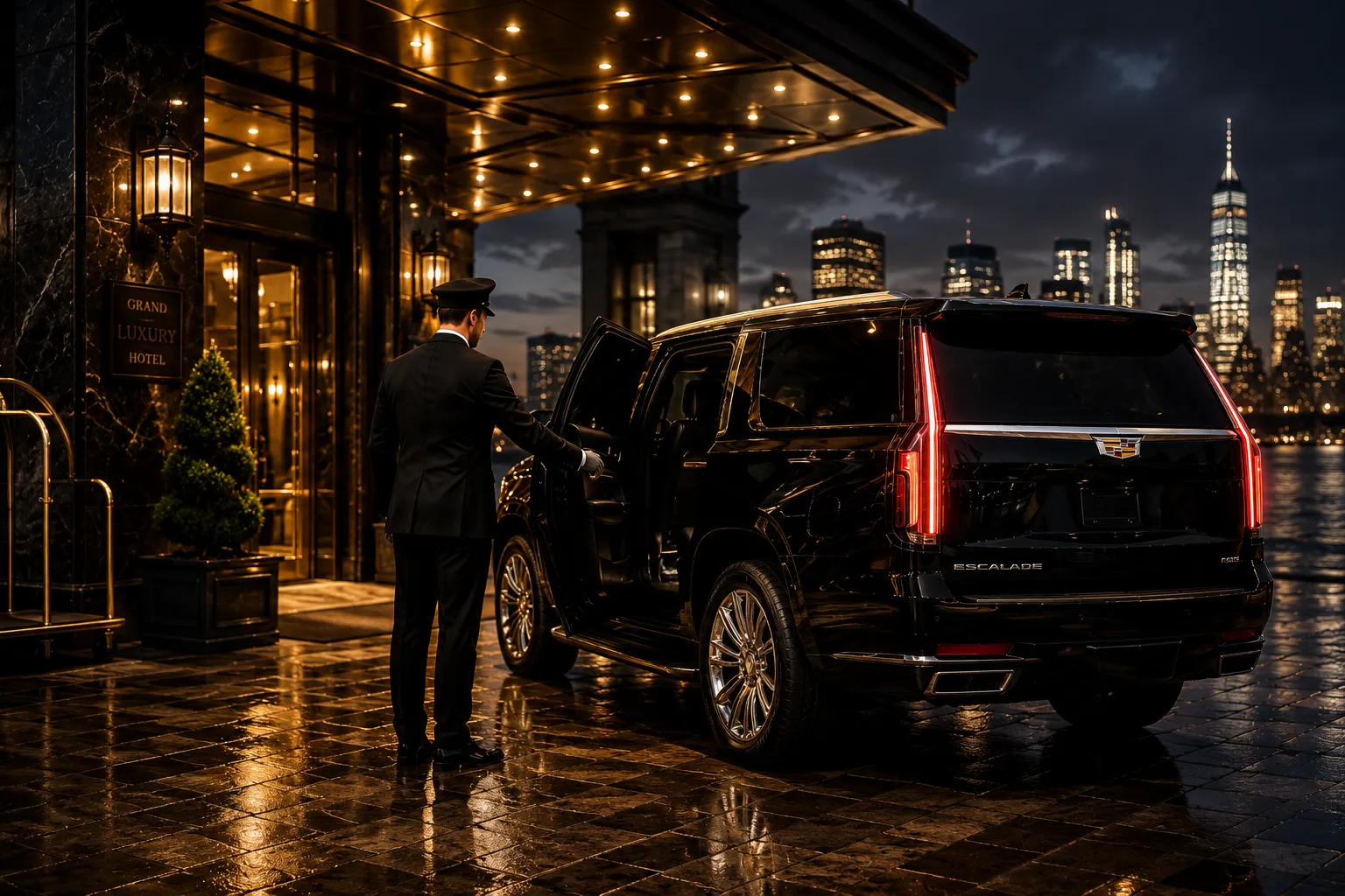A chauffeur opening the passenger door of a black luxury SUV outside a hotel at night