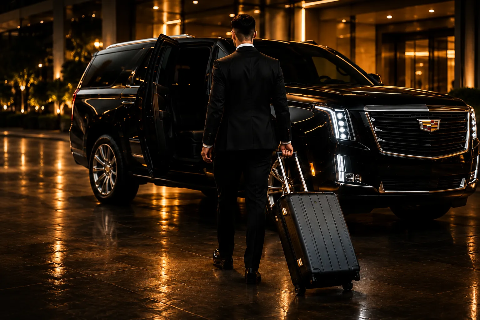 A chauffeur carrying a passenger's luggage to a black SUV
