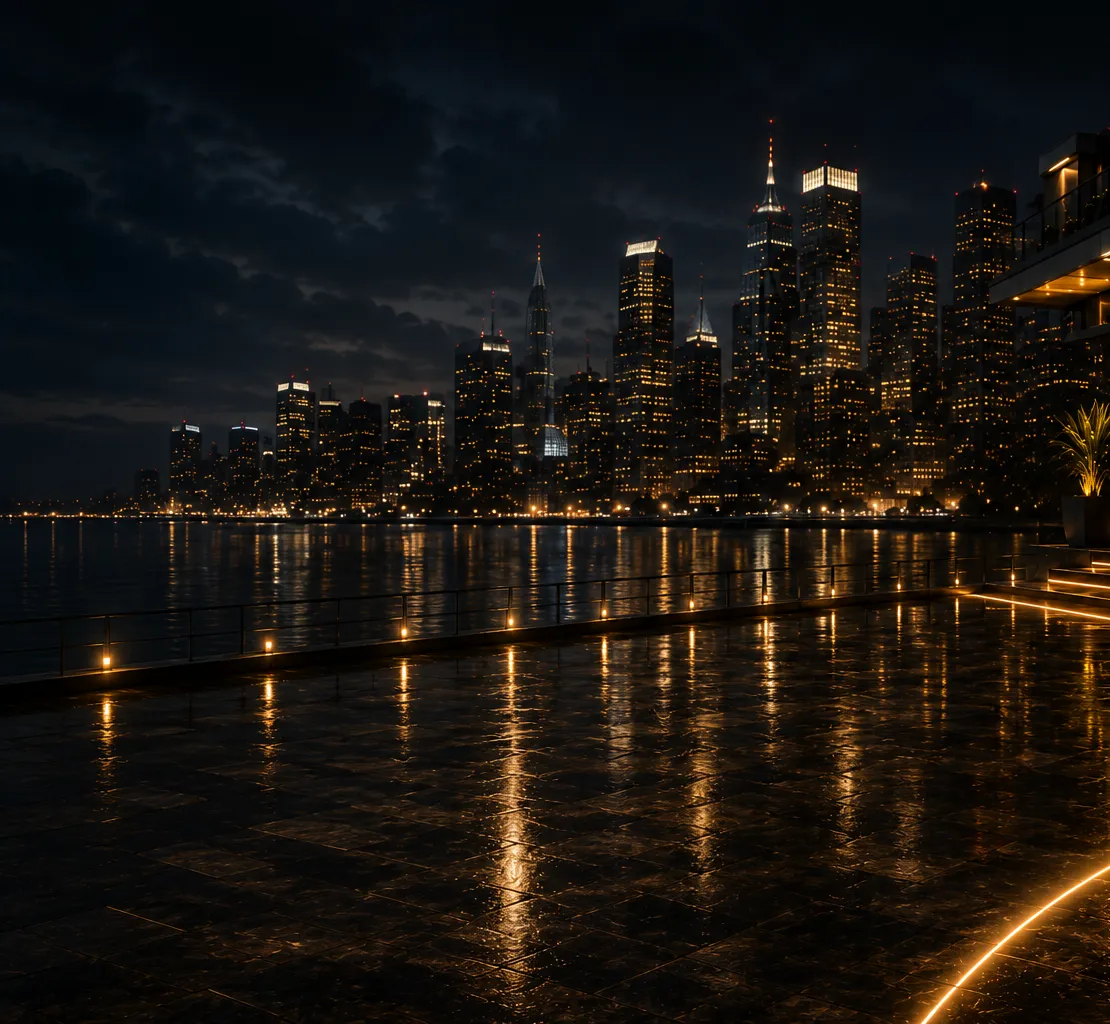 City skyline at night across the water
